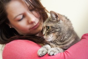 Young woman holding European shorthair cat